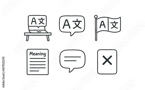 hand drawn cute doodle style line isolated on white background: translator desk foreign text language flag meaning note speech line cross card