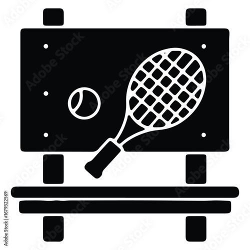 Minimalist Tennis Court Illustration with Racket and Ball for Sport Promotion or Iconography Tennis Club Design