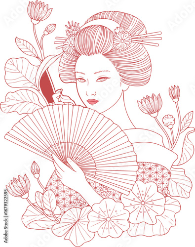 Japanese Geisha with Fan Line Art Minimal Illustration