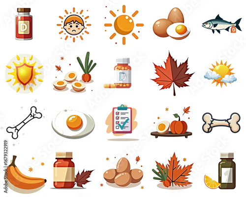 Vitamin D Deficiency Icons with Health Elements and Seasonal Symbols