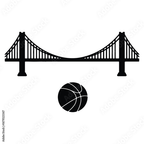 San Francisco Golden Gate Bridge with Basketball Silhouette Emblem Design for Sports and City Pride