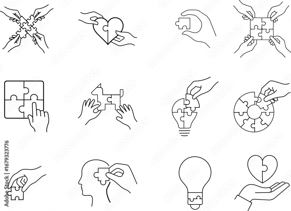Obraz premium Puzzle Collaboration Stroke Icon Set. Containing Teamwork, Connection, Problem Solving, Innovation and more icons.
