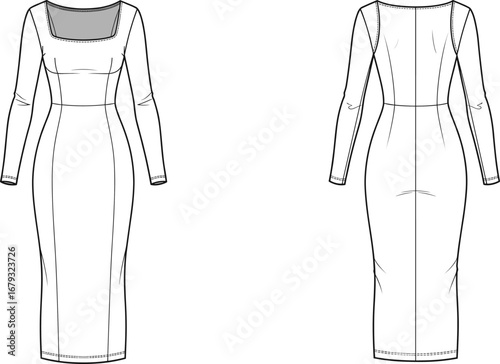 Elegant bodycon midi dress with square neckline fashion flat sketch, front and back CAD drawing technical vector garment design illustration
