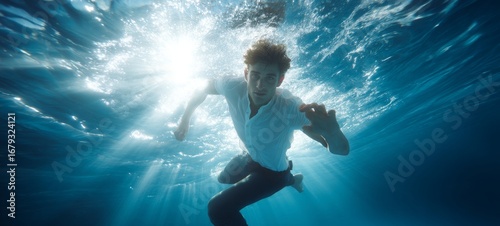Wallpaper Mural Underwater portrait of a fit young man with short hair, wearing a white t-shirt and light denim jeans, floating dynamically in clear blue water with bright sunrays Torontodigital.ca