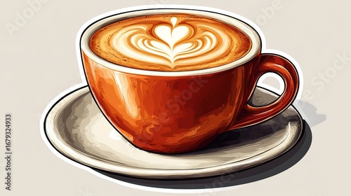 Vector Latte Art Coffee Cup Sticker - White Background Flat Colors, No Shadow White Borde