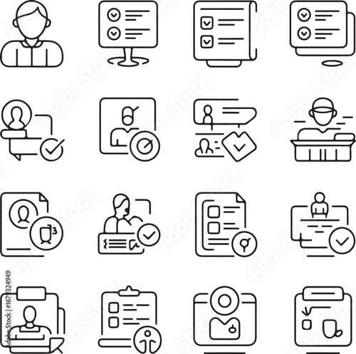 Collection of black outline icons for human resources and job application processes resume candidate