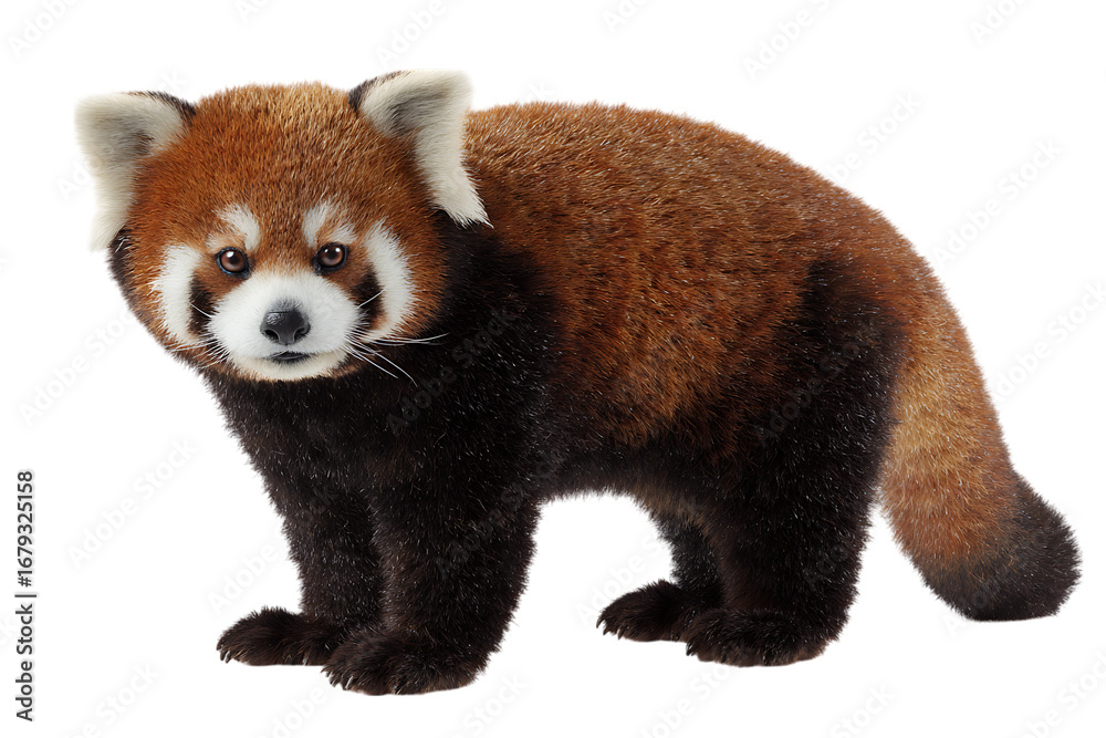 Fototapeta premium Adorable red panda standing, isolated on black background.