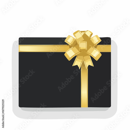 Black card background with gold ribbon, gift with copy space