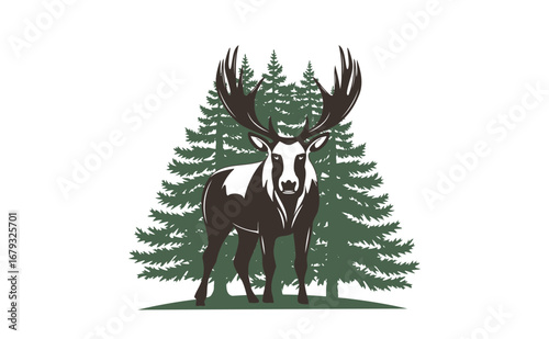 Vector graphic monochrome powerful strong horned wild elk, deer. Silhouette of coniferous green trees. Isolated background. Forest animal, moose. Fir