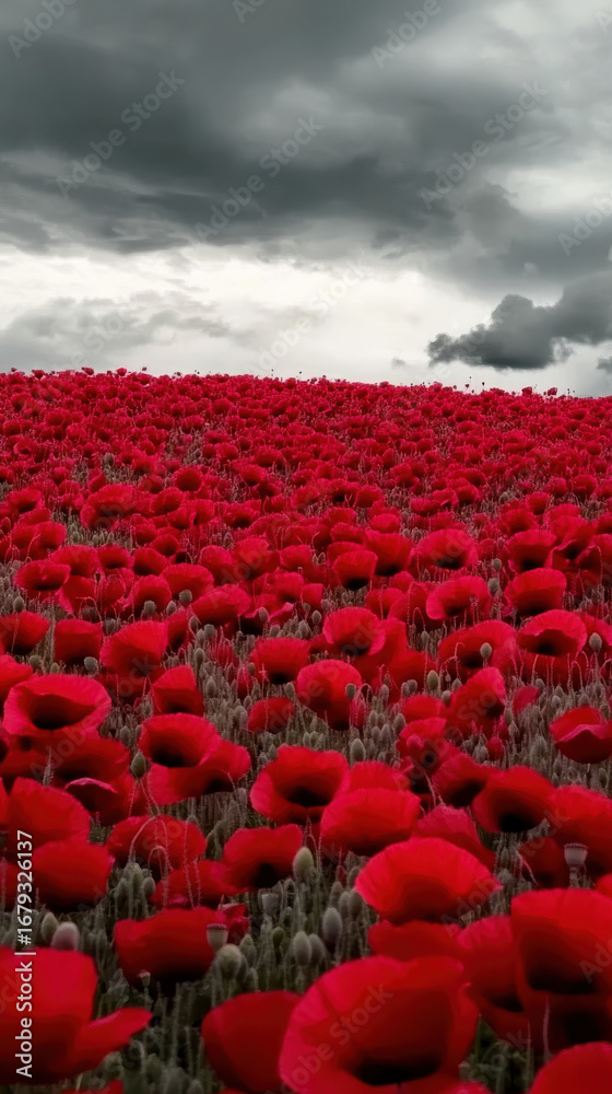Obraz premium Endless poppy field in gentle motion under a cloudy sky, vibrant red blossoms glowing