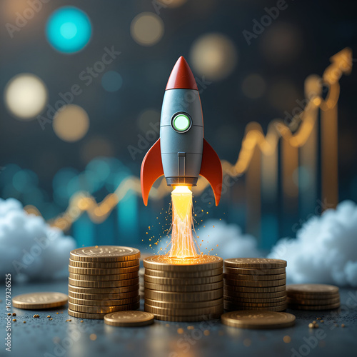 Crowdfunding and startup funding boost seed capital and finance growth shown by rocket on coin stacks with rising graph in background.