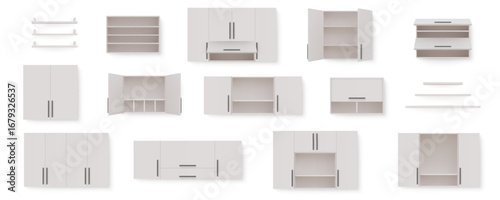 Cabinet shelf. Kitchen open cupboard. Wall drawer shelves. Empty closet rack. Interior bookshelf. Apartment furnishing. Home room commode. Household bookshelf. Vector isolated objects set