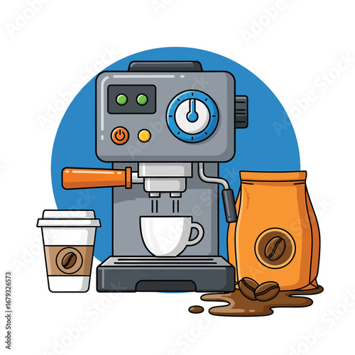 Brewing perfection: espresso machine, fresh beans, and hot coffee cup for cafe or home