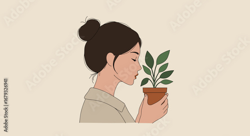 Young woman holding potted plant and enjoying the moment indoors  