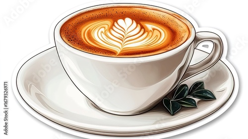Vector Latte Art Coffee Cup Sticker - White Background Flat Colors, No Shadow White Border