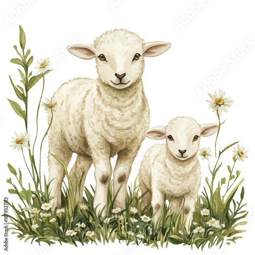 Cute Lambs Green Meadow, watercolor clipart vector, isolated on a white background.