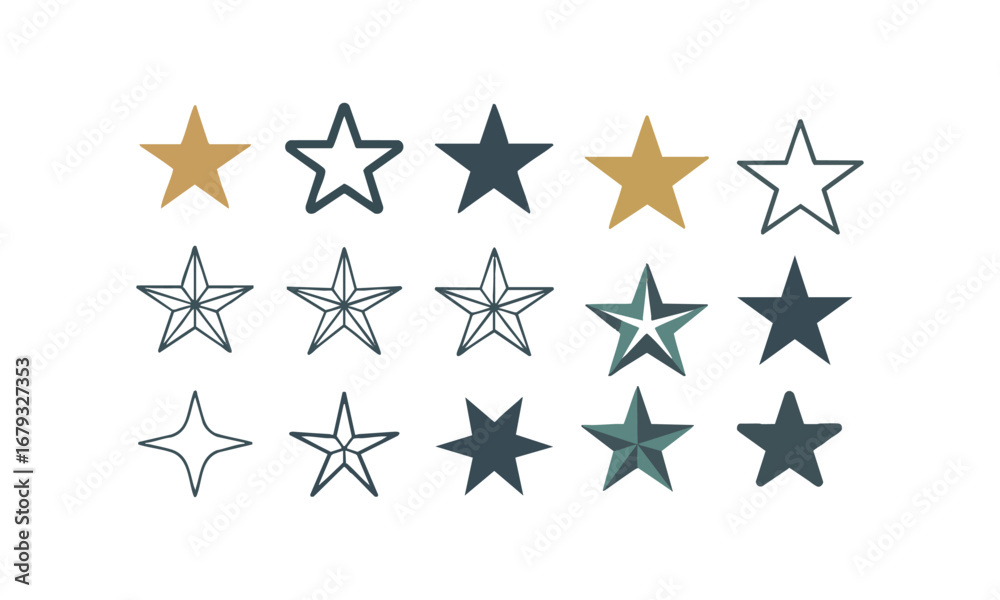Fototapeta premium Star Icon Set Minimal Flat Vector Collection of Solid, Outline, and Geometric Star Shapes, easily editable and scalable.
