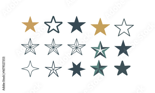 Star Icon Set Minimal Flat Vector Collection of Solid, Outline, and Geometric Star Shapes, easily editable and scalable.