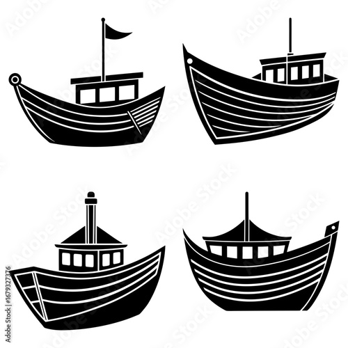 Four distinct black and white boat illustrations with varying designs and orientations on a white background