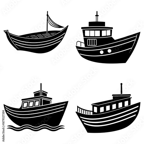 Illustration of four different types of boats with varying designs in black and white color scheme art