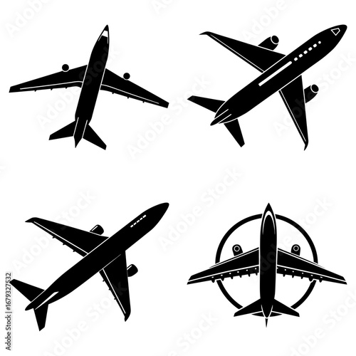 Collection of four black airplane silhouettes in different angles and orientations on white background