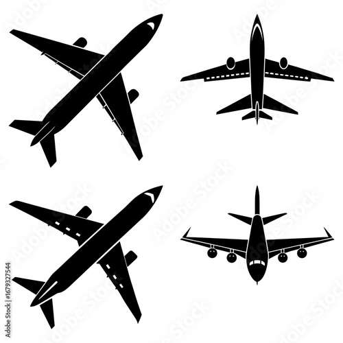 Four black airplane silhouettes in different perspectives on a white background are shown here