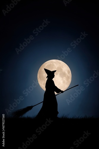 witch silhouette with broom full moon background no face