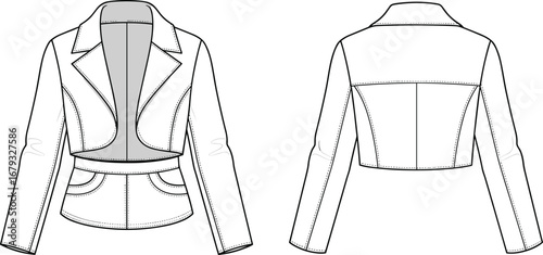 Fashionable women cropped jacket technical sketch, modern coat flat design, stylish outerwear vector illustration, apparel CAD drawing, clothing design template