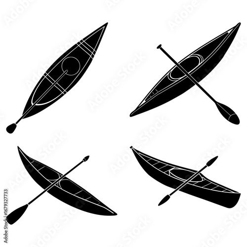 Four black and white silhouette illustrations of kayaks with paddles in various orientations on white background