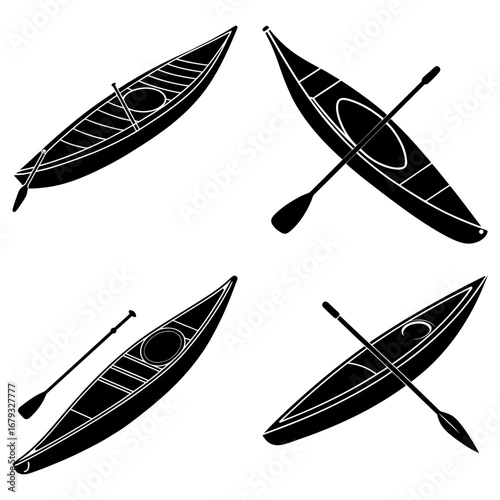 Four black and white vector illustrations of kayaks with paddles in various orientations and positions
