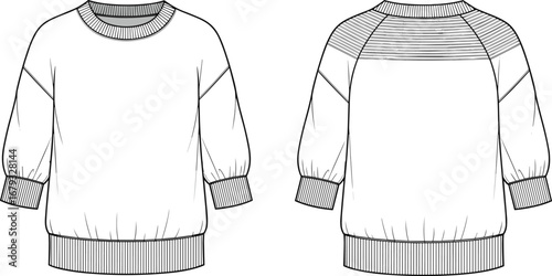 Sweatshirt fashion flat sketch, technical cad drawing illustration, casual pullover front and back view, vector template design for apparel industry