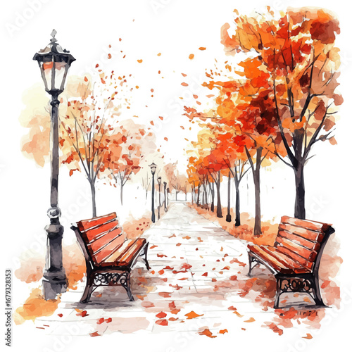 watercolor vector of Crisp Air Fall Morning, isolated on a white background.