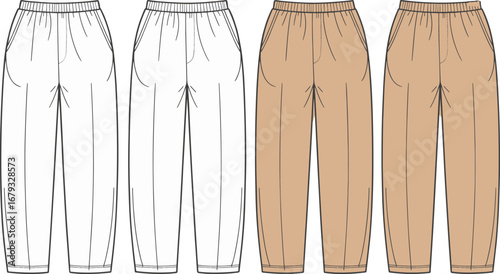 Flat vector illustration of casual loose-fit elastic waist pants with side pockets, front and back view fashion CAD drawing