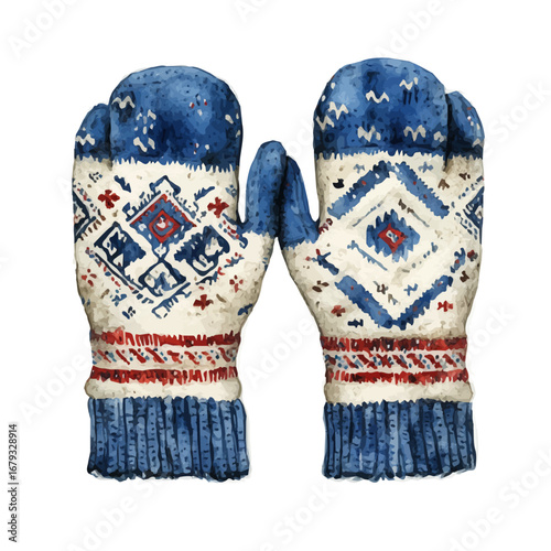 Cozy Woolen Mittens, watercolor drawing vector, isolated on a white background.