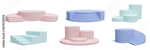 Stair podium. 3d room stand, product cylinder stage or staircase platform concept. Smooth, abstract minimal background pastel colors. Product presentation. Vector illustration