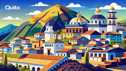 Quito, Ecuador, spills across Andean slopes with whitewashed facades, baroque domes, and cobbled plazas. Soft mountain haze, blue sky, golden trim; semi-realistic flat vector layered depth, refined ed