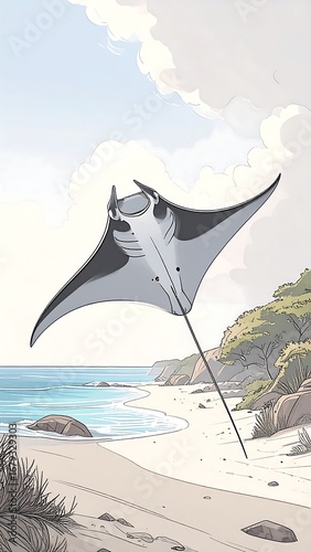 A serene beach scene showcasing a majestic ray soaring above the tranquil shoreline.