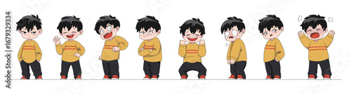 Manga character. Japanese cartoon face. Comic boy emotion expressions. Chinese man. Asian human. Joyful laugh. Anime kids animation. Disappointed teen. Vector cartoon teenager poses set