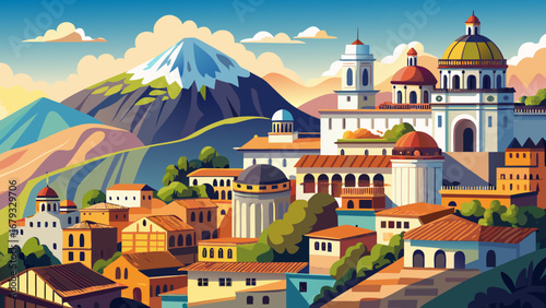 Quito, Ecuador, spills across Andean slopes with whitewashed facades, baroque domes, and cobbled plazas. Soft mountain haze, blue sky, golden trim; semi-realistic flat vector layered depth, refined ed