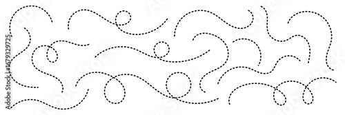 Abstract Curved Dotted Swirl Line. Hand drawn curve dotted line vector set. Long squiggle dashed collection. Dotted Spiral Curve Line. 