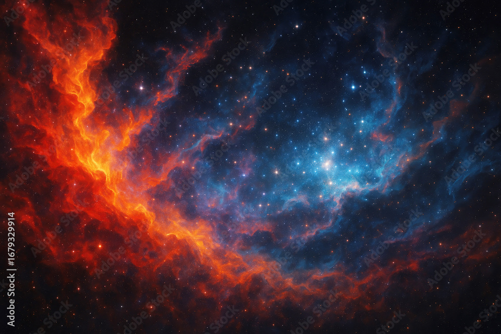 Obraz premium Vibrant red and blue nebula with countless stars in deep space galaxy cosmos