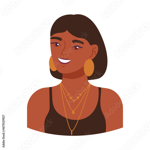 Woman portrait. Female face African black girl in golden accessories, smiling happy brunette hairstyle character icon. Avatar profile design. Vector cartoon isolated people illustration