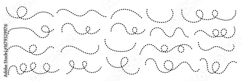 Abstract Curved Dotted Swirl Line. Hand drawn curve dotted line vector set. Long squiggle dashed collection. Dotted Spiral Curve Line. 