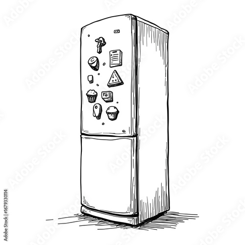 Refrigerator in sketch style with buttons and fridge magnets