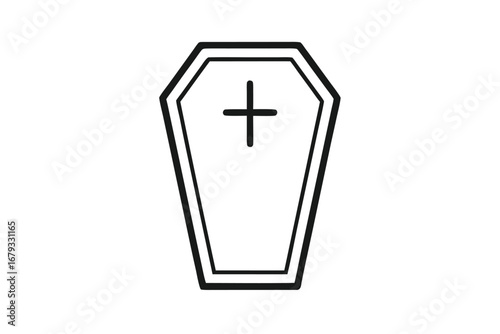 Minimalist depiction of a coffin with a cross, representing death and faith