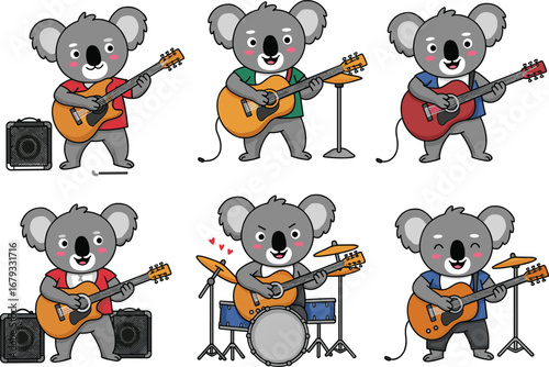 Cartoon koala musician vector set, acoustic guitar, electric guitar, drum set, amplifier, microphone, music performance, cute animal illustration