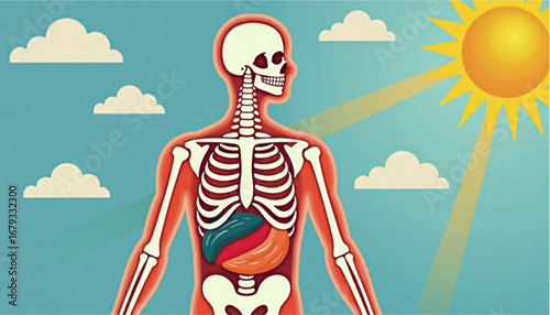 Skeleton Anatomy Illustration with Internal Organs and Sunlight Background