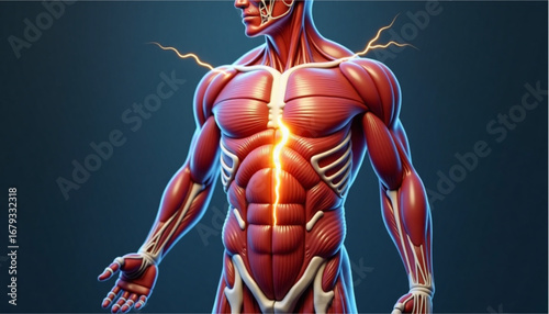 Detailed Human Anatomy Illustration with Electric Energy Effects