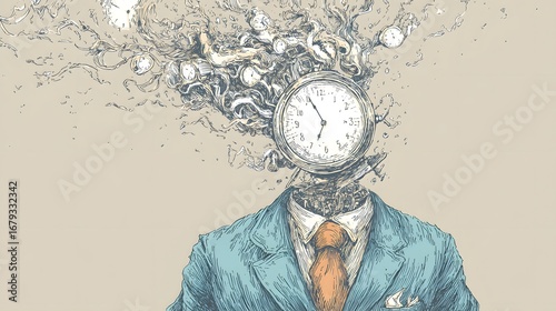 Imaginative vector doodle of a corporate figure merged with a ticking clock illustrating the pressures of deadlines and mental fatigue in a modern business scenario
