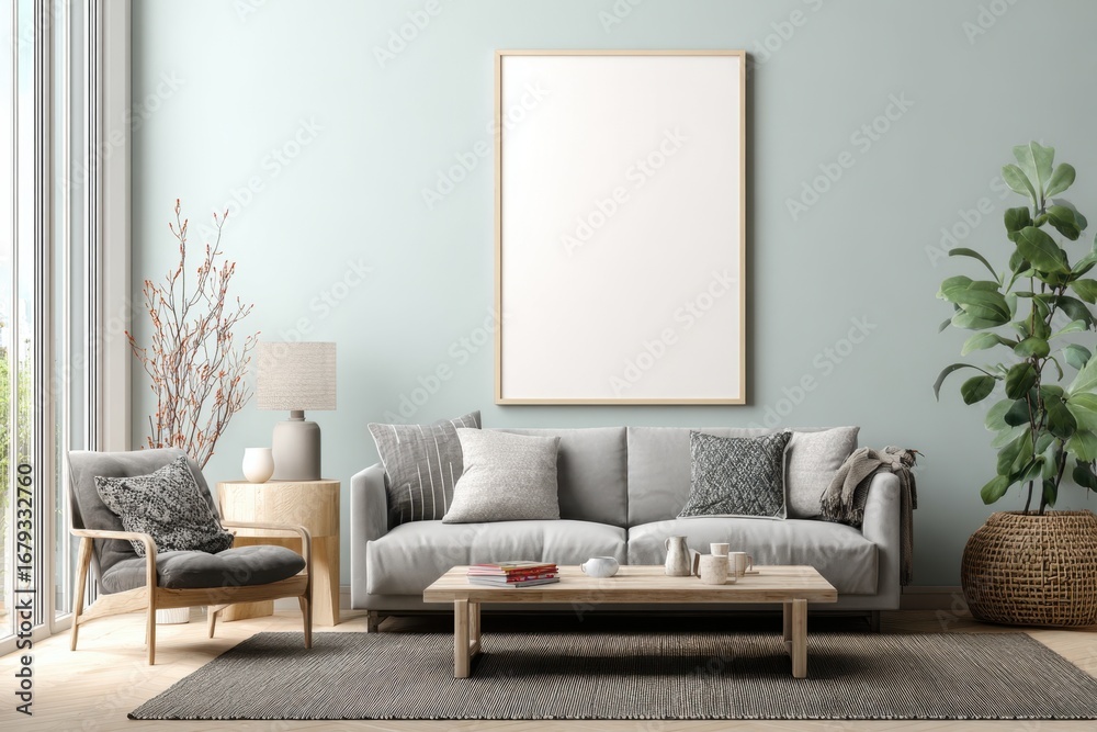 Fototapeta premium Modern minimalist living room background with white blank frame mockup on wall, interior mockup template for posters, wall prints, photography, ISO A size artwork presentation scene